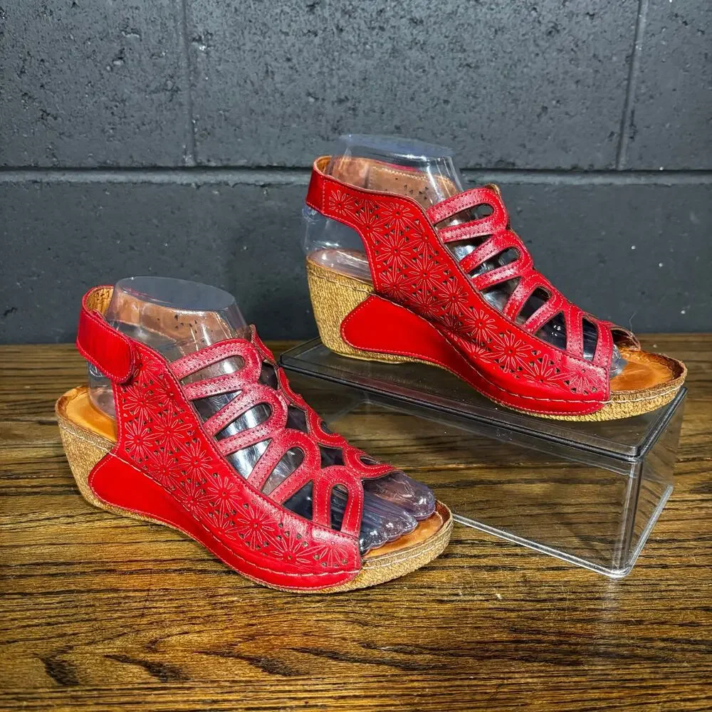 Spring Step L’Artiste Inocencia Red Leather Laser Cut Wedge Sandals EU 39 US 8.5